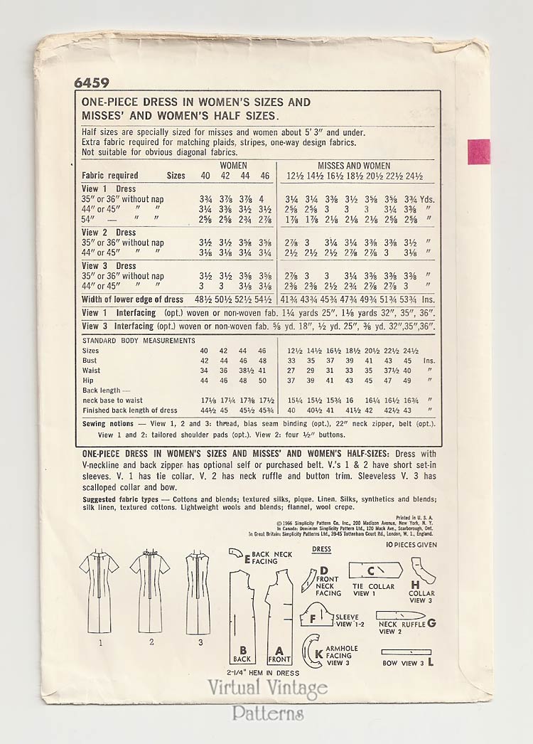 1960s One-Piece Dress Pattern, Simplicity 6459, Bust 33, Uncut
