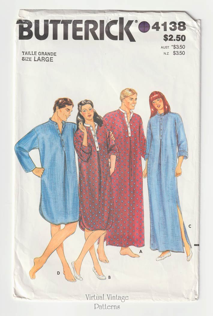 Unisex Nightshirt Pattern, Butterick 4138 Virtual Vintage