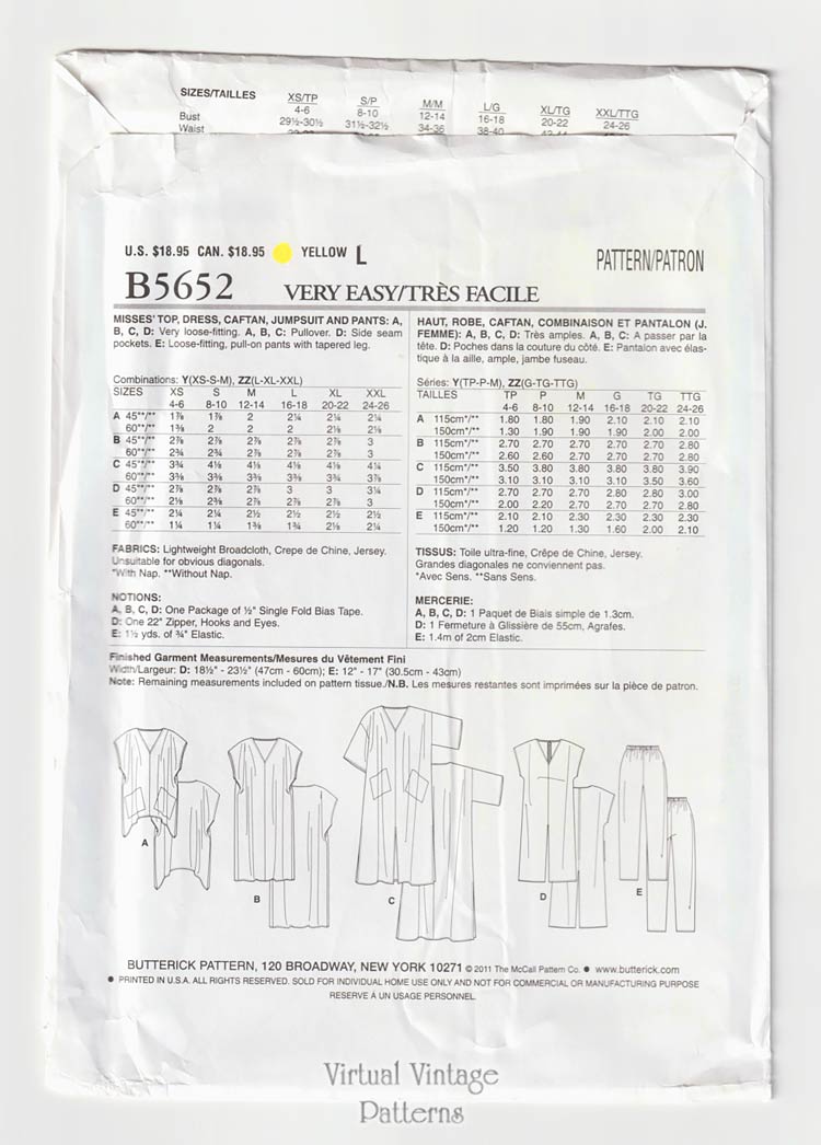 Easy Sewing Caftan, Dress, Jumpsuit, Top, Pants, Butterick B5652, XS-M, Uncut