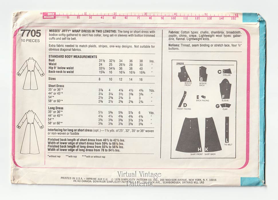 Easy Wrap Dress Pattern, Simplicity 7705, Bust 32 1/2, Uncut