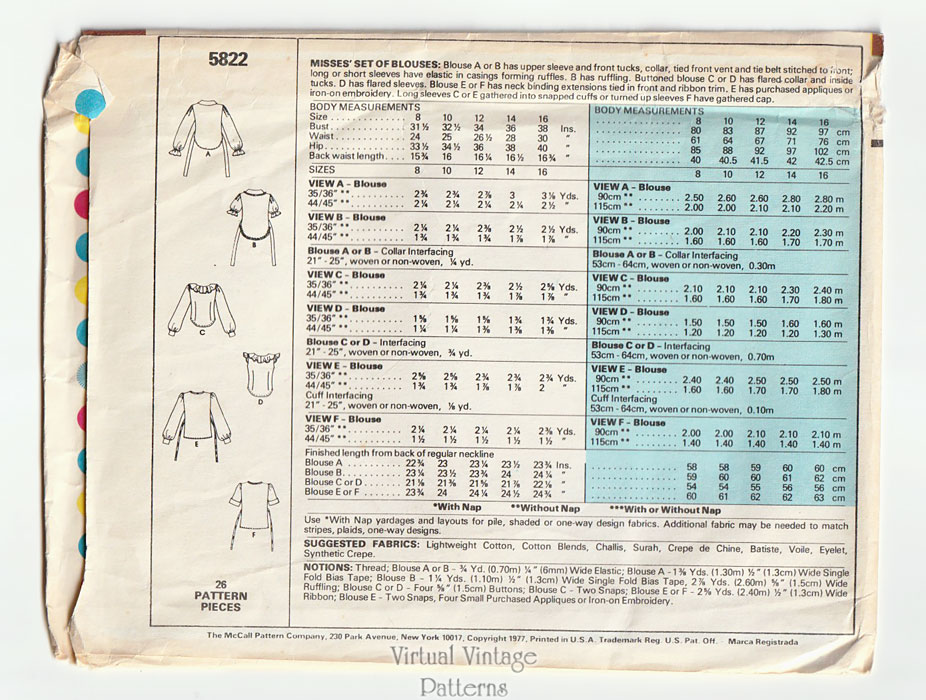 70s Boho Style Blouse Pattern, McCalls 5822