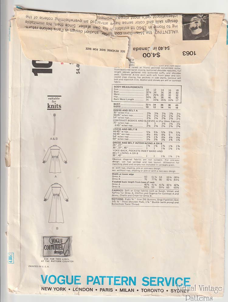 Valentino Vogue 1063, Day or Evening Dress Pattern, Bust 38