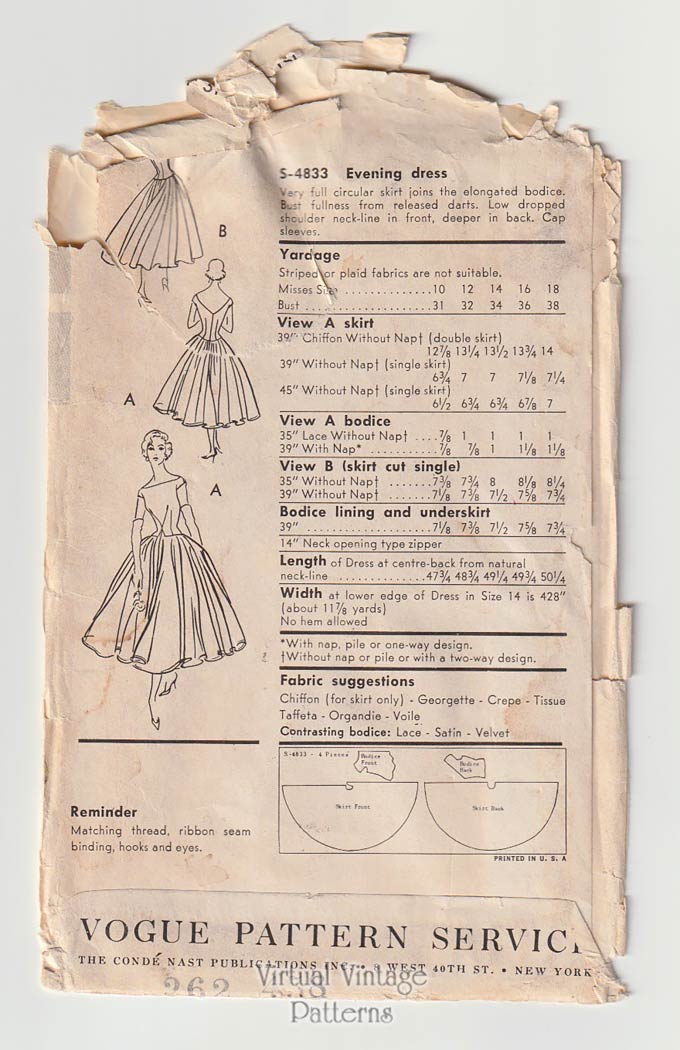 50s Circle Skirt Dress Pattern, Vogue S-4833, Bust 31, UC