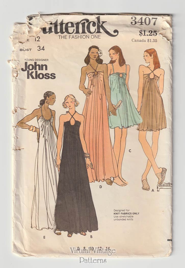 70s John Kloss Gown Sewing Pattern, Butterick 3407, Bust 34, UC