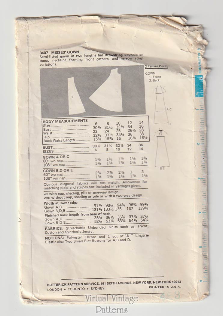 70s John Kloss Gown Sewing Pattern, Butterick 3407, Bust 34, UC