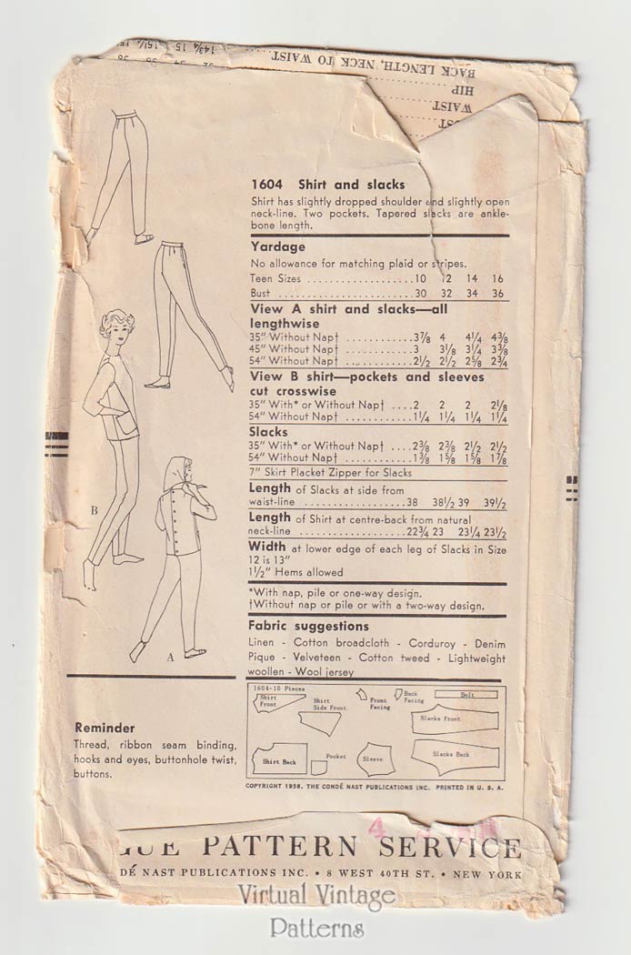 1950s Sewing Pattern for Women, Vogue 1604, Shirt & Slacks, B36 UC