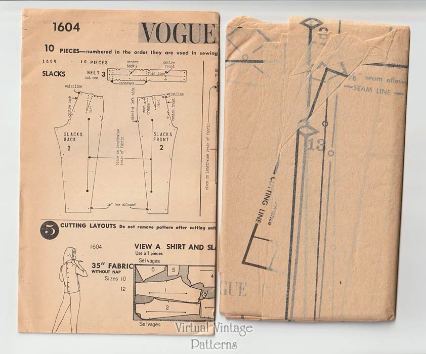 1950s Sewing Pattern for Women, Vogue 1604, Shirt & Slacks, B36 UC