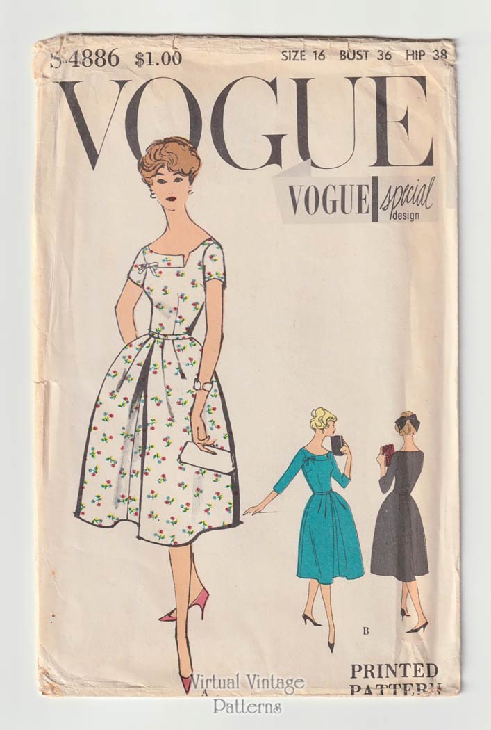 Vintage Full Skirt Dress Pattern, Vogue S-4886, B32 or 36, UC