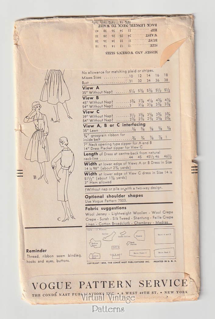 50s Slim or Pleated Skirt Pattern, Vogue 9454, Bust 34, Uncut