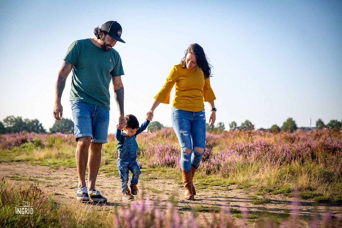 Papa mama en kindje tijdens fotoshoot op de paarse heide Papa mama en kindje tijdens fotoshoot op de paarse heide